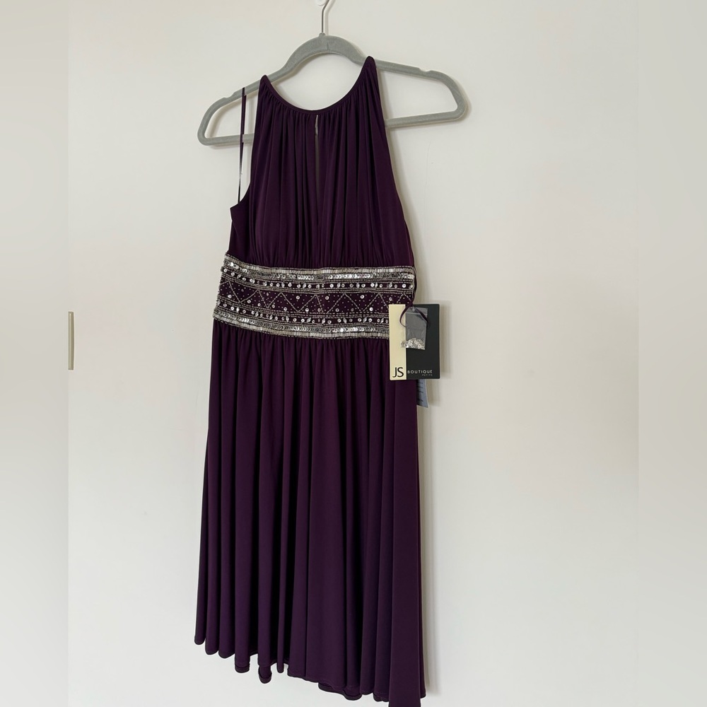 JS Collections Deep Purple Midi Dress with Silver Beaded Accents (NWT)